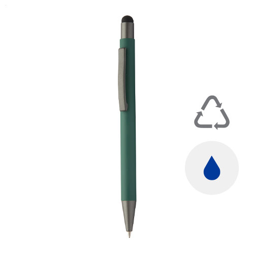 Penna a sfera in alluminio riciclato con rivestimento gommato e finiture in canna di fucile refill blu