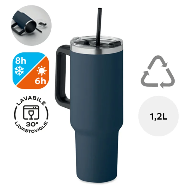 Bicchiere a doppio strato in acciaio inossidabile riciclato con coperchio in cannuccia da 1200ml