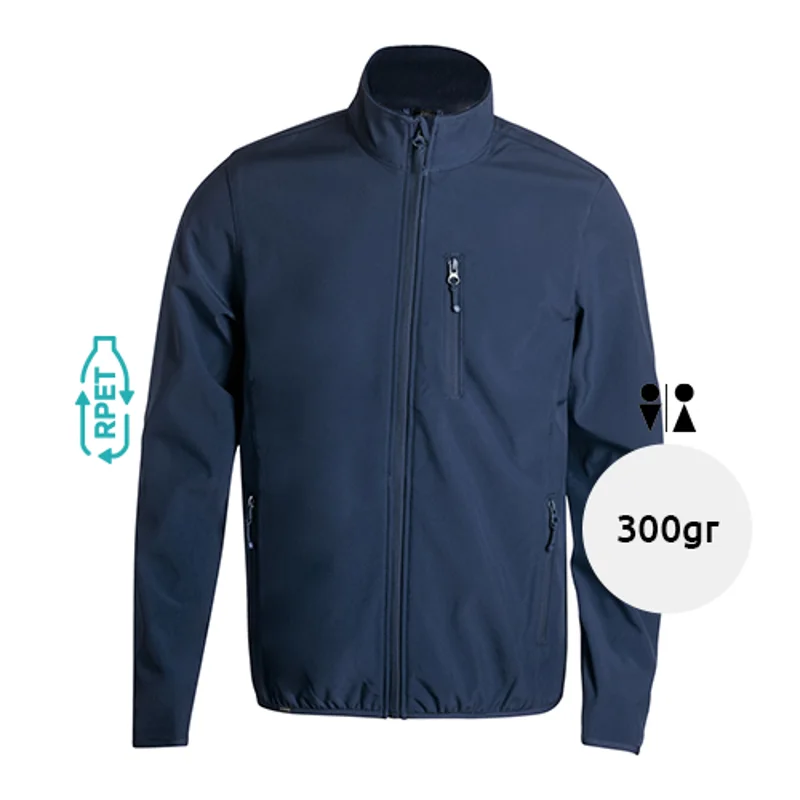 Giacca unizex in softshell RPET traspirante impermeabile e antivento con zip e tasche sul petto e laterali 300gr