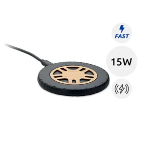 Caricatore wireless in ABS riciclato con top in bambù a forma di pneumatico da 15W