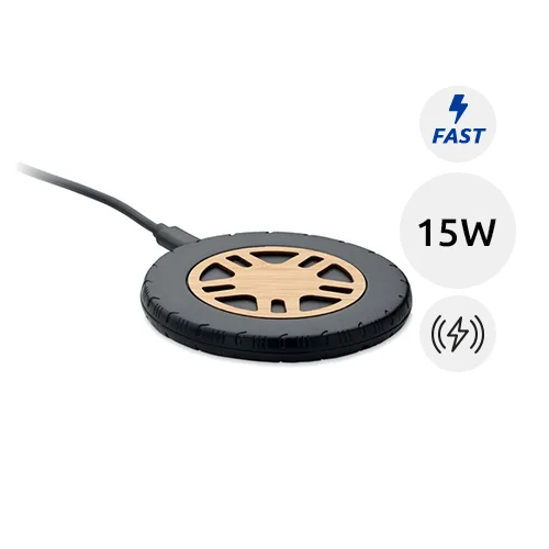 Caricatore wireless in ABS riciclato con top in bambù a forma di pneumatico da 15W
