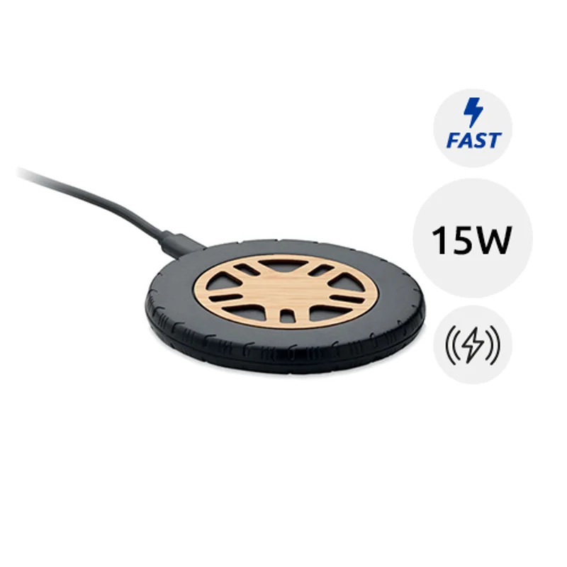 Caricatore wireless in ABS riciclato con top in bambù a forma di pneumatico da 15W