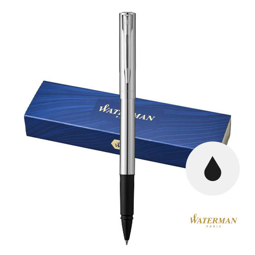 Penna roller a marchio Waterman in alluminio con cappuccio in confezione regalo e refill nero