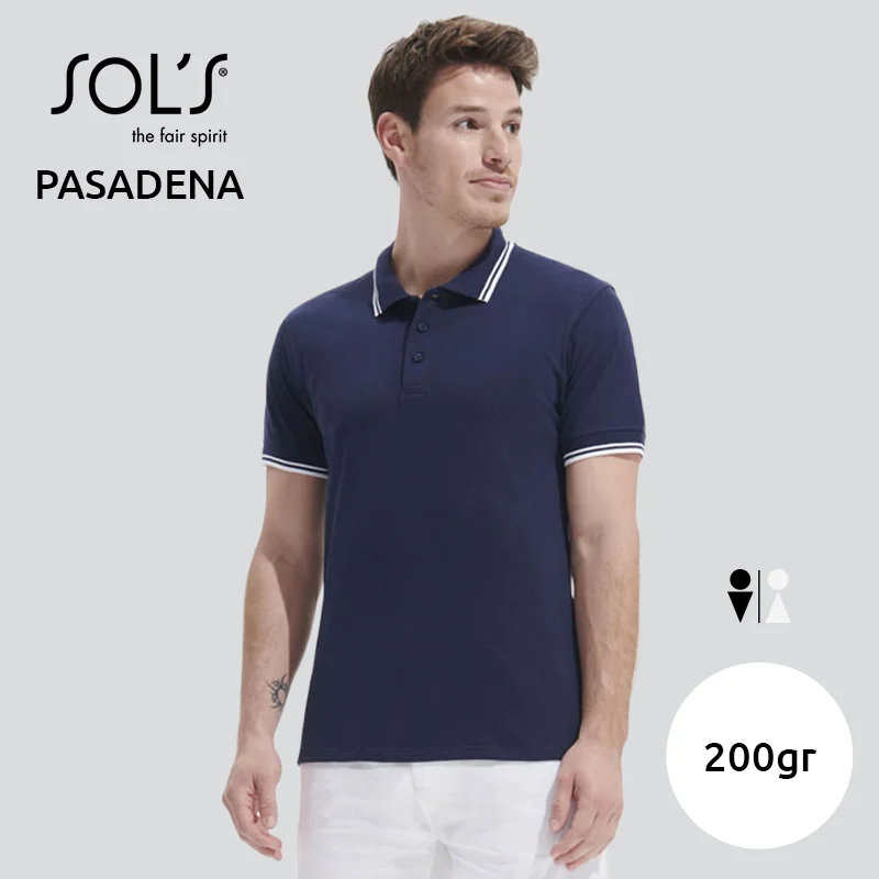 Maglietta polo SOL'S PASADENA da uomo in 100% cotone pettinato ringspun con collo e giromaniche a righe in contrasto da 200gr