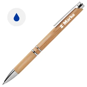 Penna a sfera in bambù con finiture in alluminio e meccanismo a scatto e refill blu