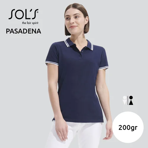 Maglietta polo SOL'S PASADENA da donna in 100% cotone pettinato ringspun con collo e giromaniche a righe in contrasto da 200gr