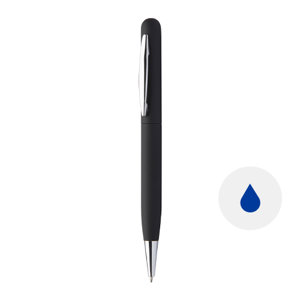 Penna a sfera in metallo con finitura gommata colorata e meccanismo a rotazione e refill blu