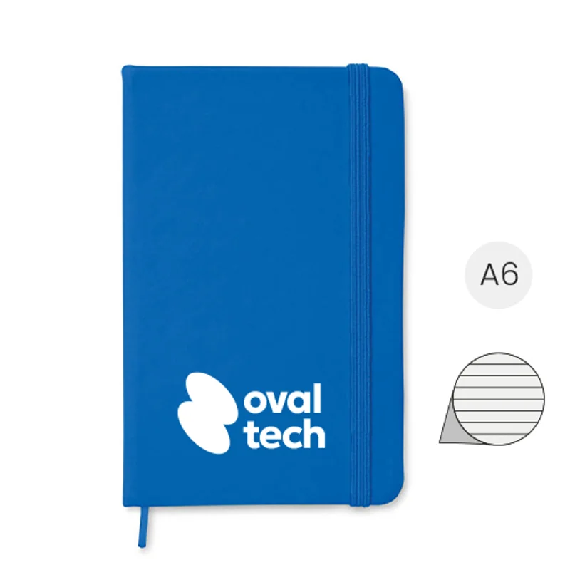 Block Notes A6 con copertina in PU soft touch e 96 pagine a righe con elastico e segnapagine in coordinato
