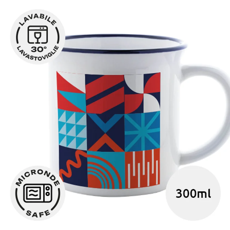 Tazza in ceramica bianca in stile vintage da 300ml con dettagli colorati ideale per sublimazione
