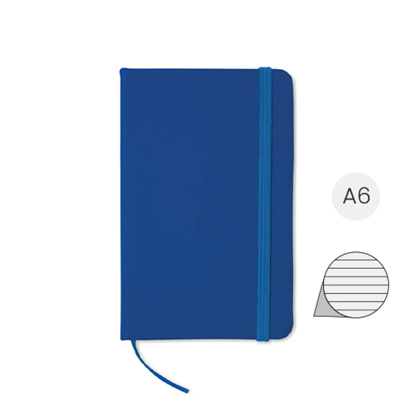 Block Notes A6 con copertina in PU soft touch e 96 pagine a righe con elastico e segnapagine in coordinato