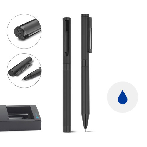 Set con penna roller e penna a sfera in metallo nero opaco refill blu