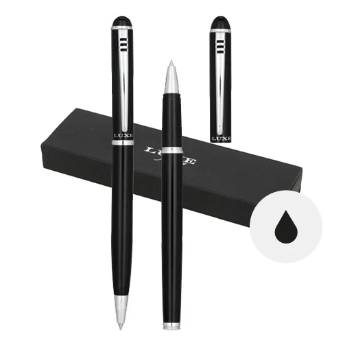 Set penne a sfera e roller in alluminio con meccanismo a scatto e cappuccio in confezione regalo refill nero