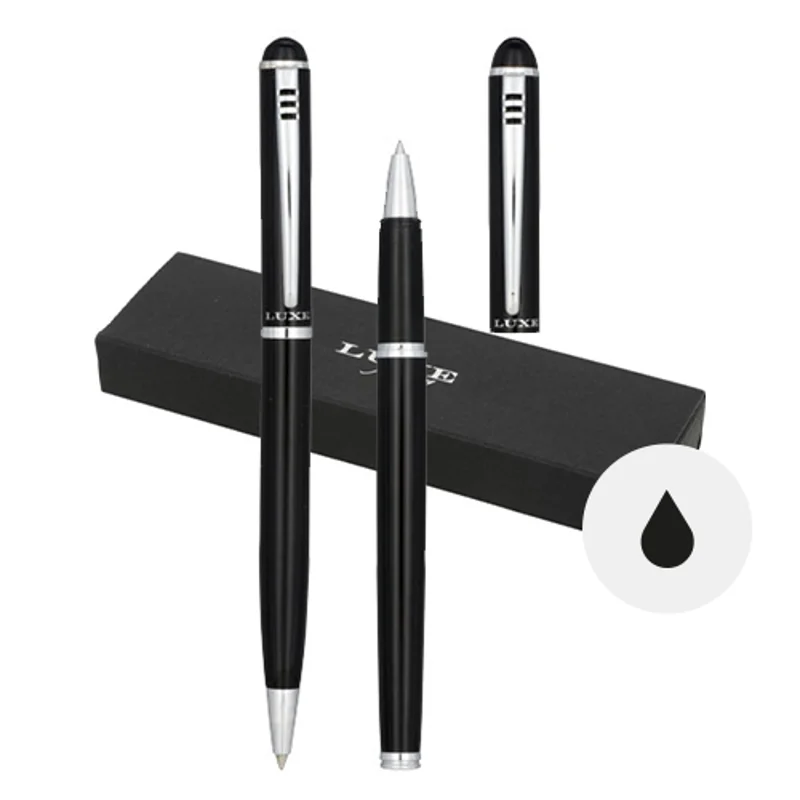 Set penne a sfera e roller in alluminio con meccanismo a scatto e cappuccio in confezione regalo refill nero