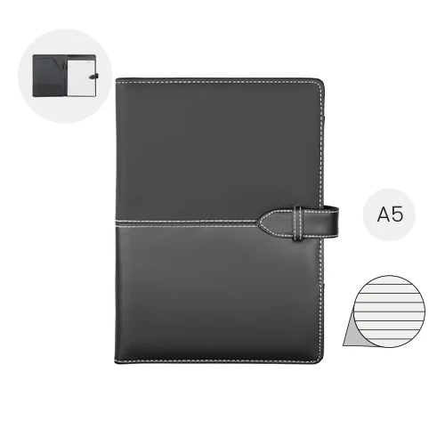 Cartella in pelle con blocco appunti in formato A5 con fogli a righe e tasche interne