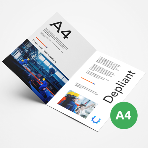Depliant 2 ante formato chiuso A4 con 4 facciate. Possibilità di richiedere anche il progetto grafico 