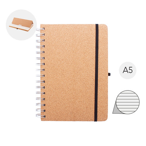 Block note a spirale A5 con copertina portacellulare in sughero da 70 fogli a righe in carta kraft riciclata