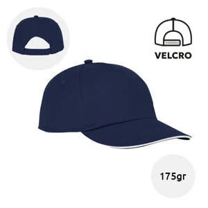 Cappellino in cotone 175gr a 5 pannelli con visiera e asole ricamate chiusura a velcro