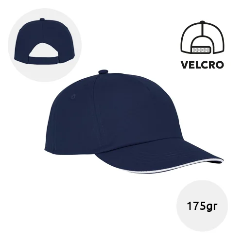 Cappellino in cotone 175gr a 5 pannelli con visiera e asole ricamate chiusura a velcro
