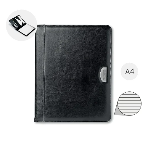 Cartella portadocumenti in formato A4 con finiture in metallo e blocco appunti