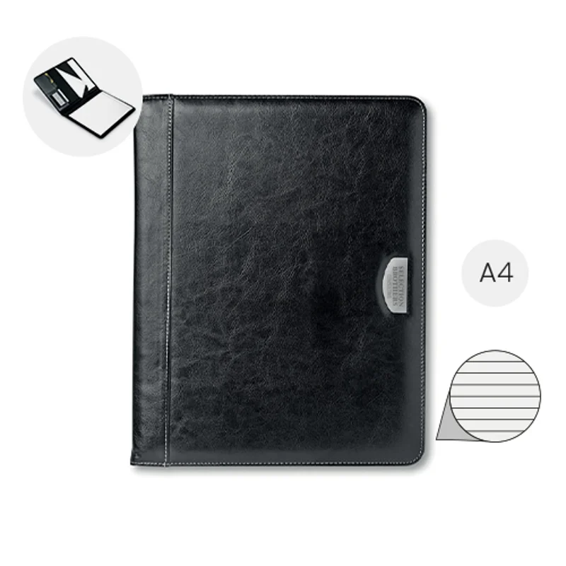 Cartella portadocumenti in formato A4 con finiture in metallo e blocco appunti