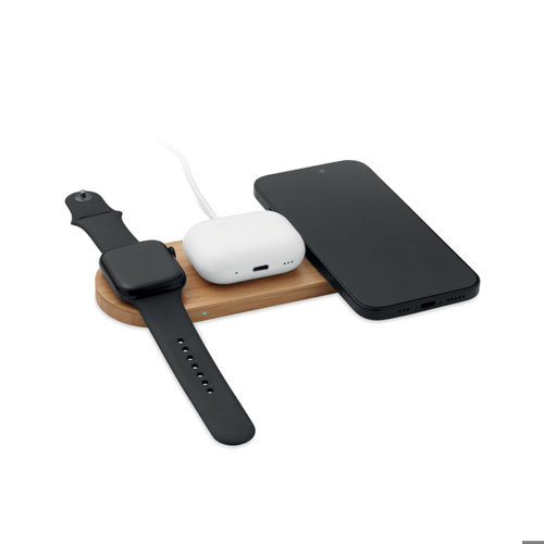 Caricatore wireless 3 in 1 in bambù per smartphone smartwatch e auricolari da 15W