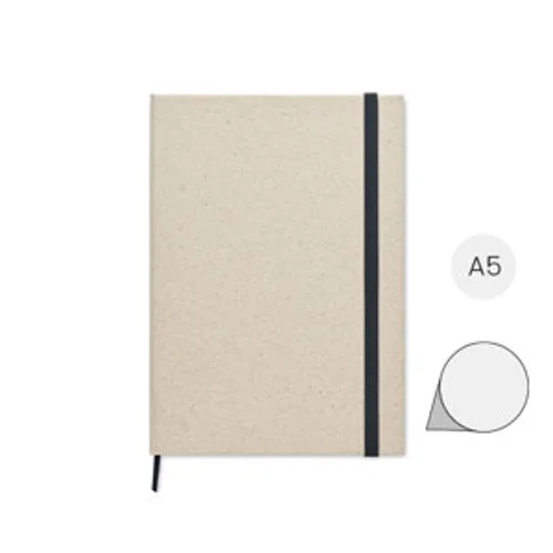 Block notes A5 in carta di erba con 80 fogli neutri e con elastico e nastro nero