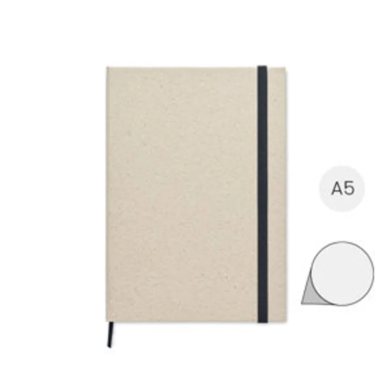 Block notes A5 in carta di erba con 80 fogli neutri e con elastico e nastro nero