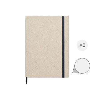 Block notes A5 in carta di erba con 80 fogli neutri e con elastico e nastro nero