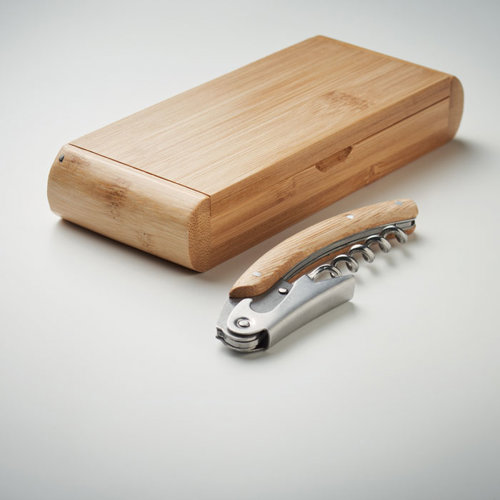 Coltello e cavatappi da cameriere in acciaio inox in confezione regalo in bambù