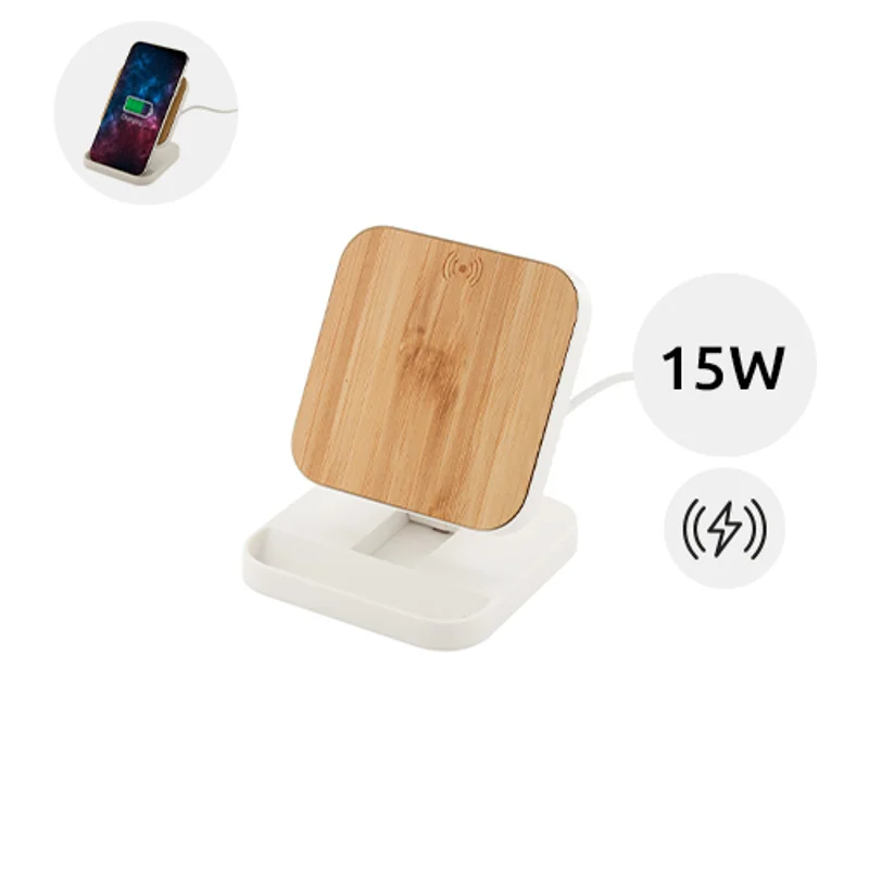 Supporto per cellulare richiudibile in ABS riciclato e bambù con caricatore wireless da 15W
