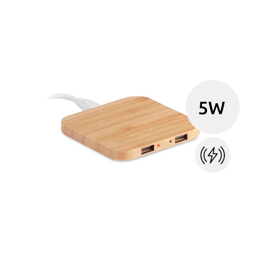 Caricatore wireless in bambù con due porte USB da 5W