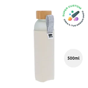 Borraccia vetro da 500ml e tappo bambù con copertura in feltro RPET completamente personalizzabile