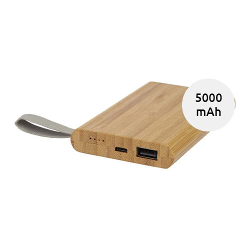 Power bank in bambù con laccetto in RPET da 5000mAh fornito in scatola regalo 