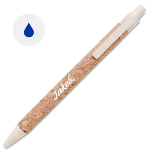 Penna a sfera in sughero e clip in fibra di paglia colorata con meccanismo a scatto e refill blu