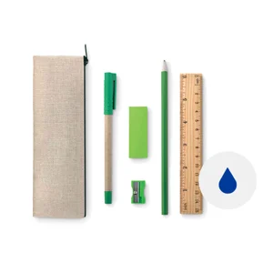 Set scrittura con 6 pezzi con righello temperino gomma matita e penna con refill blu