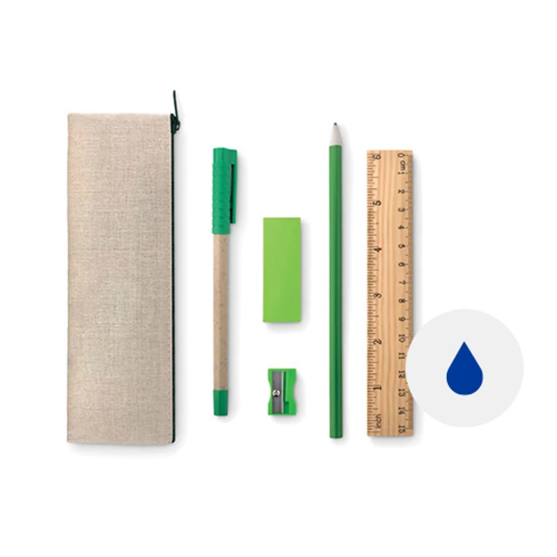 Set scrittura con 6 pezzi con righello temperino gomma matita e penna con refill blu