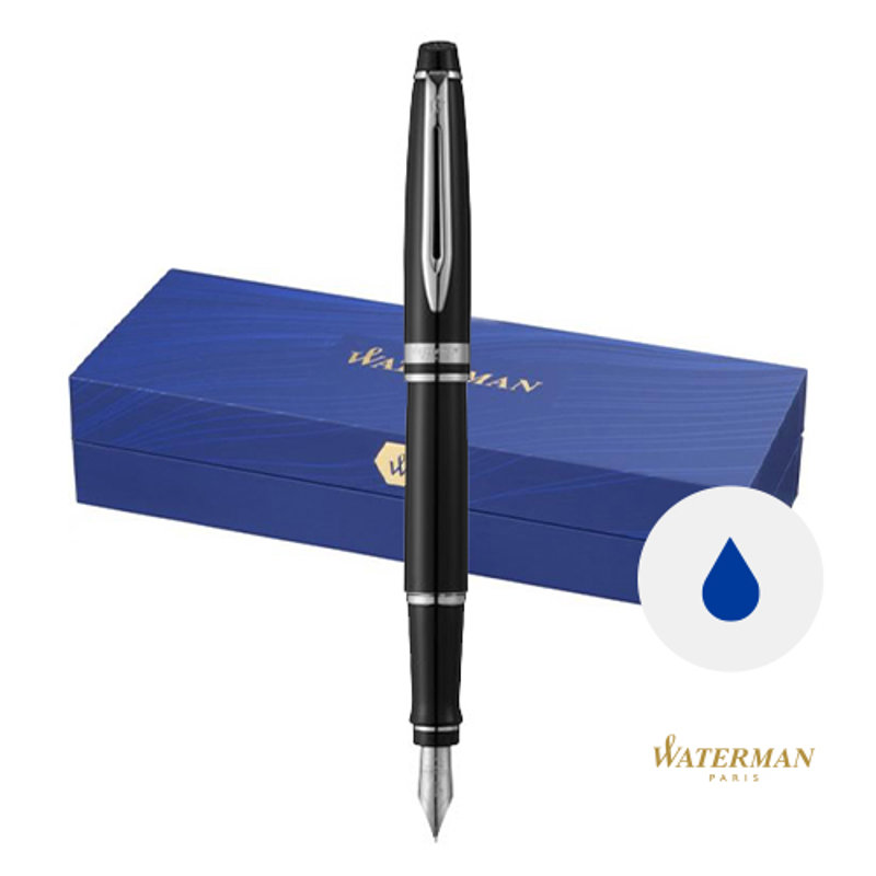 Penna stilografica a marchio Waterman in alluminio di colore nero con cappuccio in confezione regalo e refill blu