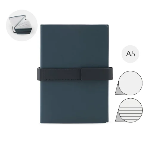 Blocco notes A5 in PU (riciclato al 50%) con due blocchi di pagine neutre e a righe