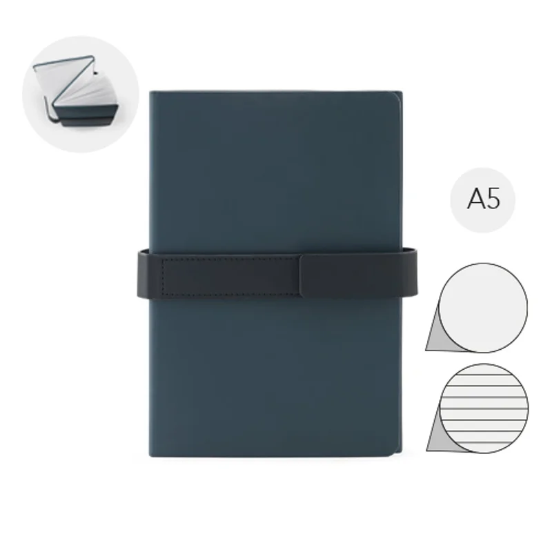 Blocco notes A5 in PU (riciclato al 50%) con due blocchi di pagine neutre e a righe