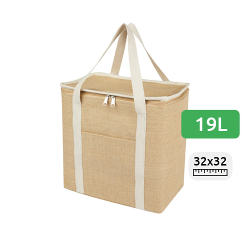 Borsa termica in juta laminata da 19L con tasca anteriore e manici in cotone 32x19x32cm