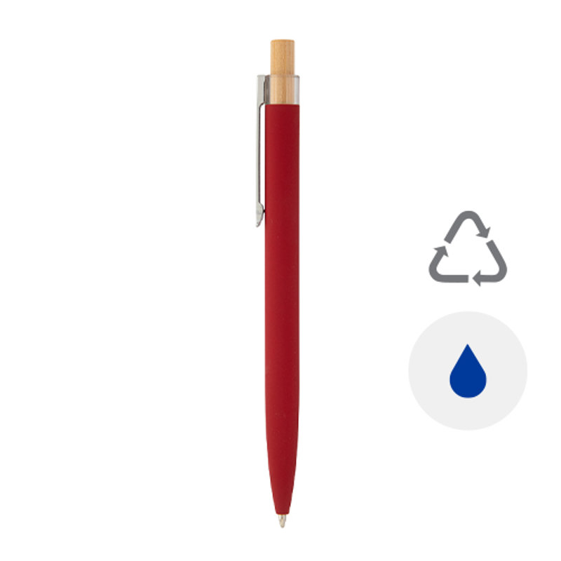 Penna a sfera in alluminio riciclato finitura gommata pulsante in bambù e clip cromata con refill blu