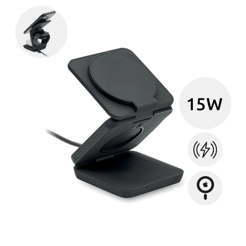 Caricatore magnetico pieghevole 3 in 1 in ABS riciclato e gommato da 15W