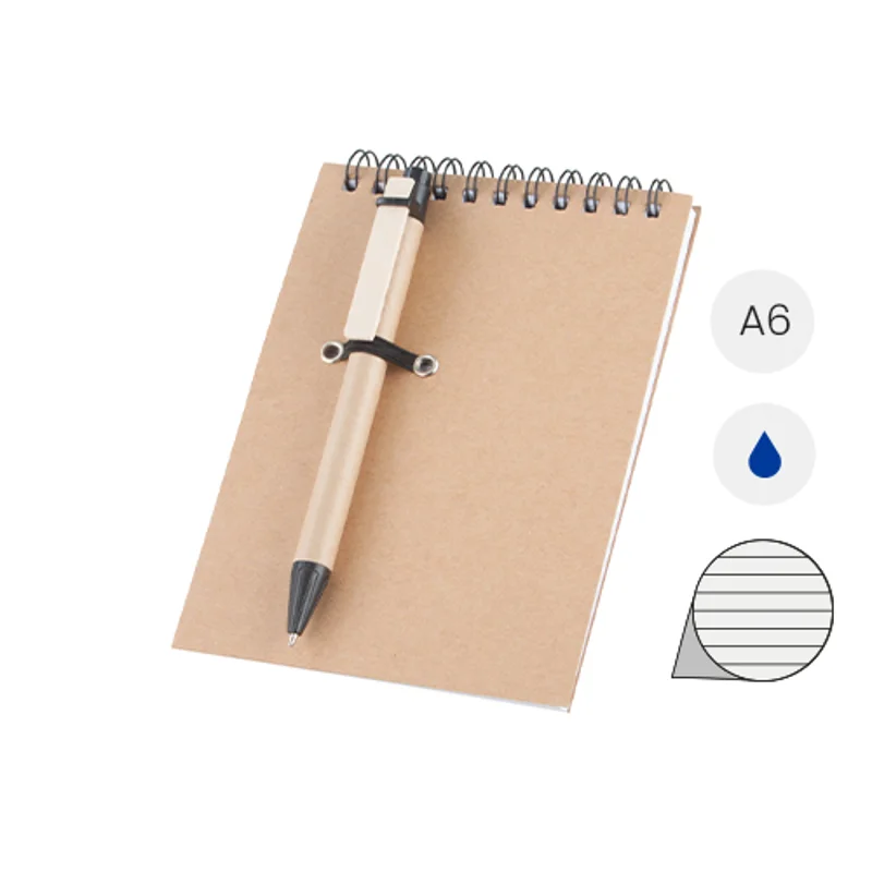 Block Notes A6 con copertina e penna a sfera in carta riciclata