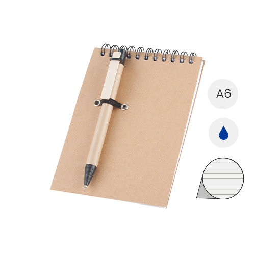 Block Notes A6 con copertina e penna a sfera in carta riciclata