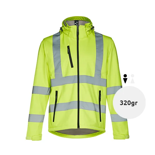 Giacca softshell da uomo ad alta visibilità con cappuccio rimovibile in poliestere e foderato in pile 320gr