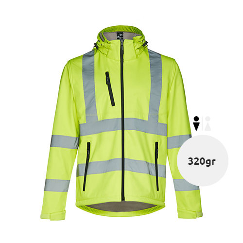 Giacca softshell da uomo ad alta visibilità con cappuccio rimovibile in poliestere e foderato in pile 320gr