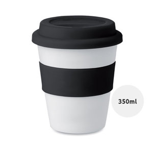 Bicchiere in plastica bianco lucido con coperchio e impugnatura in silicone 350ml