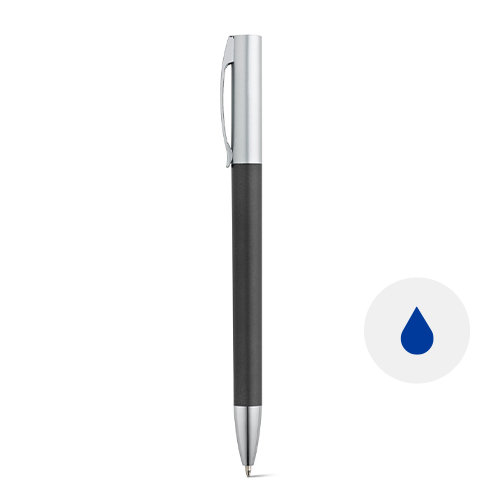 Penna a sfera in plastica con clip in metallo e finitura metallizzata con meccanismo a rotazione e refill blu