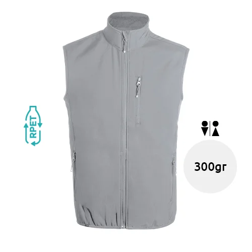 Gilet unisex softshell in RPET traspirante impermeabile e antivento con zip e tasche sul petto e laterali 300gr