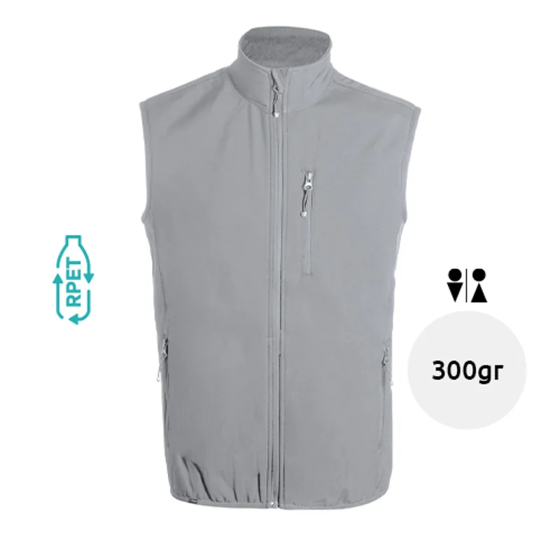 Gilet unisex softshell in RPET traspirante impermeabile e antivento con zip e tasche sul petto e laterali 300gr